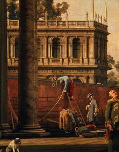 Capriccio van een man die een muur beklimt door Canaletto