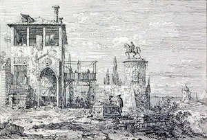 Landschap met een ruitermonument (gravure)