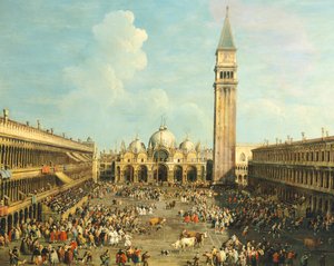 Stierenvechten of Stierenjacht op Piazza San Marco, door Giovanni Antonio Canal, bekend als Canaletto (1697-1768) en door Giovanni Battista Cimaroli (1687-na 1753)