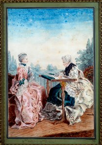 Mademoiselle Melin en Mademoiselle de Laleu maken aquareltapijten