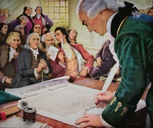 John Hancock ondertekent de Amerikaanse Onafhankelijkheidsverklaring, 4 juli 1776