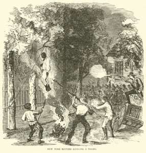 New York relschoppers hangen een zwarte persoon, juli 1863 (gravure)