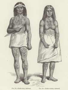Getatoeëerde Haida vrouw en man (gravure)