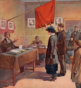 Burgerlijk huwelijk uitgevoerd door een provinciale commissaris in Sovjet-Rusland onder de vlag van de Rode Vlag (kleur litho)