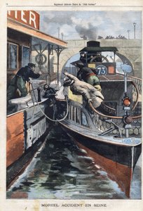 Dodelijk ongeval op de Seine: een werknemer van de Compagnie des Bateaux Parisiens sterft verpletterd tussen twee boten bij de Charenton-brug. Gravure in Le Petit Parisien op 17/02/1901. door (after) Carrey