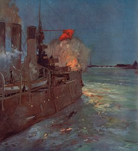 De Russische kruiser Aurora vuurt het schot dat het bestormen van het Winterpaleis in Petrograd, Russische Revolutie, 25 oktober 1917 signaleert (kleur litho)