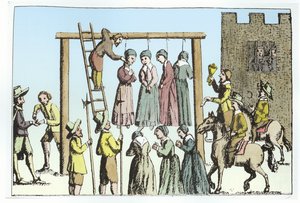 Een executie van heksen in Engeland (gravure)
