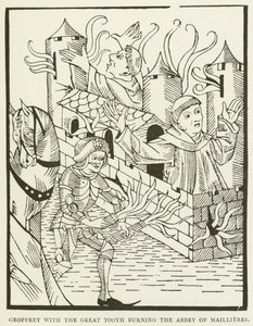 Geoffrey met de grote tand die de abdij van Maillieres verbrandt (gravure) door (after) English School