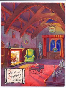 Origineel kunstwerk voor een kerstkaart van een knapperend vuur in een baroniale hal, circa 1953