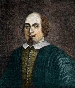 Portret van Engelse toneelschrijver William Shakespeare. Gravure naar een anoniem 18e-eeuws schilderij door (after) English School