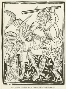 Sir Bevis vecht en overwint Ascaparte (gravure) door (after) English School