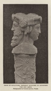 Stuk beeldhouwwerk, waarschijnlijk bedoeld om de god Janus voor te stellen (zwart-wit foto)