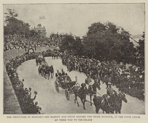 De festiviteiten in Hongarije, Zijne Majesteit en graaf Szapáry de premier, in de staatskoets, op weg naar het paleis (zwart-wit foto) door (after) English photographer