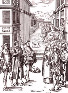 De stadsomroeper die op zijn trompet blaast door (after) Flemish School