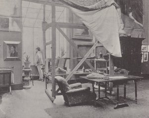 Franse schilder Paul-Albert Besnard in zijn atelier (zwart-wit foto) door (after) French Photographer