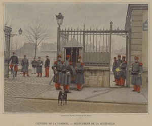 De ingang van de kazerne, aflossing van de wacht