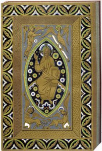 Christus in Mandorla met de symbolen van de 4 evangelisten (Tetramorf). Lithografie die een geëmailleerde omslag uit de 13e eeuw reproduceert.