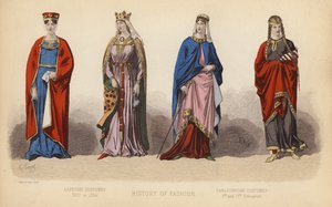 Mode in Frankrijk: Capetiaanse Kostuums 1100 tot 1364; Karolingische Kostuums 9e en 10e Eeuw (gekleurde gravure) door (after) French School