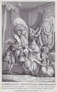 Franse cartoon die de kapsels van vrouwen uit die tijd bespot door (after) French School