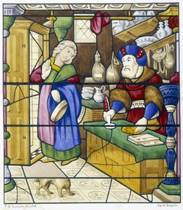 Geschiedenis van de Jood in de Rue des Billettes - facsimile van een glas-in-lood, St Alpin Kerk in Chalon