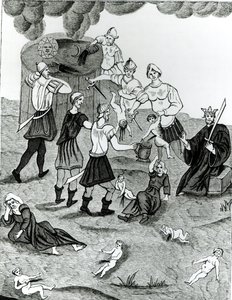 Joden die bloed afnemen van christelijke kinderen voor hun mystieke riten, naar een tekening in het 