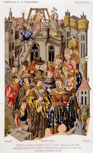 Scène uit de geschiedenis van Fort Roy de Clovis. Mysterie van de 15e eeuw die de stichting van de Kerk van St. Peter en St. Paul, tegenwoordig Saint Genevieve, voorstelt. (van het) Geschilderde doek van de stad Reims.