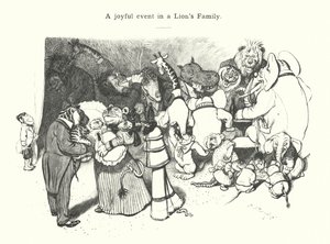 Een vreugdevolle gebeurtenis in een leeuwenfamilie (gravure)