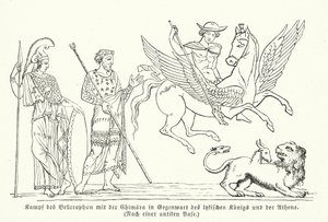 Bellerophon vecht tegen de Chimera (gravure) door (after) German School