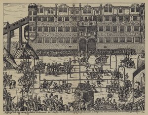 Toernooi ter viering van de doop van Sigismund, zoon van Johan George, keurvorst van Brandenburg, op Kasteel Colln door (after) German School