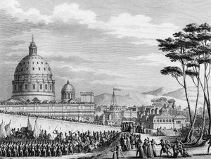 Franse Revolutie: Triomfantelijke intocht van de Fransen in Rome in Italië in februari 1798 onder leiding van generaal Louis Alexandre Berthier die de pauselijke staten binnenviel en de stad Rome op 11 februari veroverde