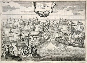 Galeien en galeassen in gevecht: gevangenneming van de kapitein van het eiland Chios, illustratie uit 