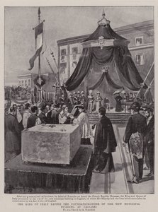 De koning van Italië legt de eerste steen van het nieuwe gemeentelijke gebouw in Cagliari door (after) Italian School