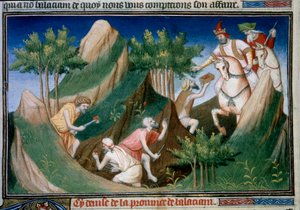Extractie van robijnen uit de berg van Sighinan in opdracht van de koning van Badakhshan. Miniatuur uit "Het Boek der Wonderen" ("Devisement of the World", "Il Milione") door Marco Polo, geïllustreerd door de Meester van door (and workshop) Boucicaut Master