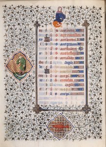 Pagina uit het manuscript Les Tres Riches Hours du Duke Francois de Guise: voorstelling van sterrenbeelden en scènes uit het dagelijks leven: kanker en een man met een sikkel