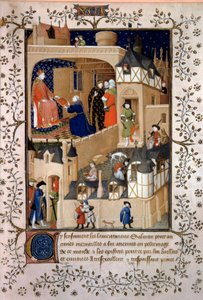De politieke avonturier Peter de Fruitier genaamd Salmon biedt zijn manuscript aan koning Karel VI (1368-1422) aan. Miniatuur uit 