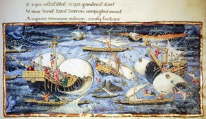 Zeilschepen, illustratie voor Aeneis, episch gedicht door Vergilius (70-19 v.Chr.), miniatuur toegeschreven aan Apollonio di Giovanni (1415-1465) door (attr. to) Apollonio di Giovanni