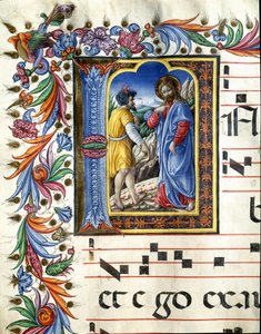 Gedecoreerde initiaal die de verleiding van Christus afbeeldt Miniatuur door Liberale da Verona (1445-1529) uit een koorboek (Cod. 20/5. c.45v) uit de kathedraal van Siena
