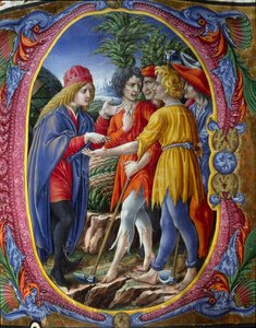 Versierde initiaal die de parabel van de moorddadige wijnbouwers voorstelt (Evangelie volgens Matteüs Mt 21, 33-43) door (c.1445 1527) Liberale da Verona