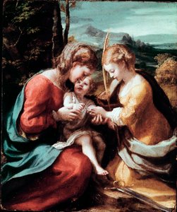 Het Mystieke Huwelijk van St. Catharina van Alexandrië. Schilderij door Antonio Allegri (bekend als Correggio of De Correge 1489-1534) circa 1520. Dim. 28,5x23,5 cm. Napels, Museo di Capodimonte