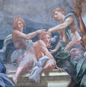 Jongeren op balkon, door Antonio Allegri Da Correggio (1489-1534) (detail)