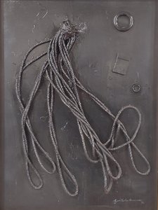 G. C. Riccardi, Combustione n. 3, 1990, Gemengde media op doek, 60x80, Arpino, Stichting Umberto Mastroianni, Italië. door Gian Carlo Riccardi