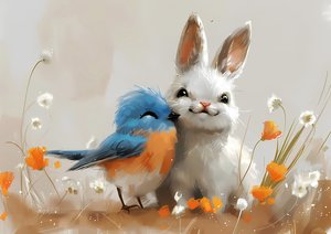 Schattige vogel en konijn manga tekening, aangepaste print op aanvraag, muur slaapkamer decor