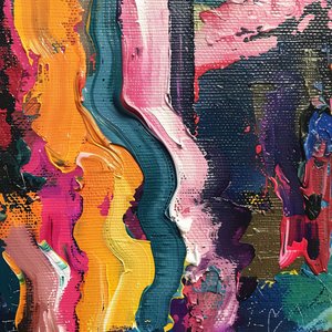 Levendige en dynamische acrylverf kleuren met olieverf borstelstreken op doek door F. Abderrahim