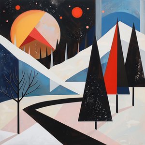 Geometrische vorm met abstracte Bomen & Winterlandschap voor woonkamer decor door F. Abderrahim