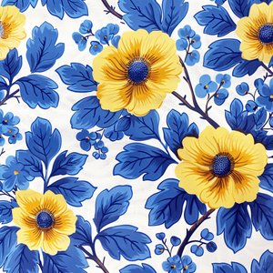 Blauw en geel bloemenblokpatroon voor moderne muurkunstprints door F. Abderrahim