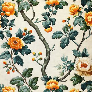 Aangepaste muurkunst en decoratie: Groen en oranje bloemenblokpatroon door F. Abderrahim