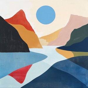 Uitzicht op het meer abstract landschap geometrische vormen minimalistisch voor muurdecoratie door F. Abderrahim