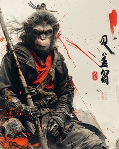 Decoratieve manga poster en muurkunstprints: Aap samurai manga