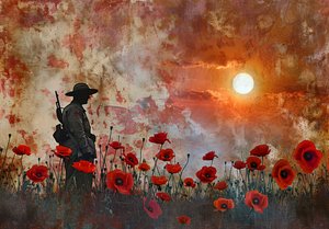 Silhouet van een soldaat in een veld van klaprozen door F. Abderrahim
