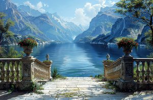 Muurkunstprints: Uitzicht op een meer en natuurlijk landschap vanaf een balkon door F. Abderrahim